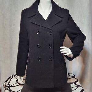 George Double-Breasted Faux Wool Peacoat Jet Black Medium Womens